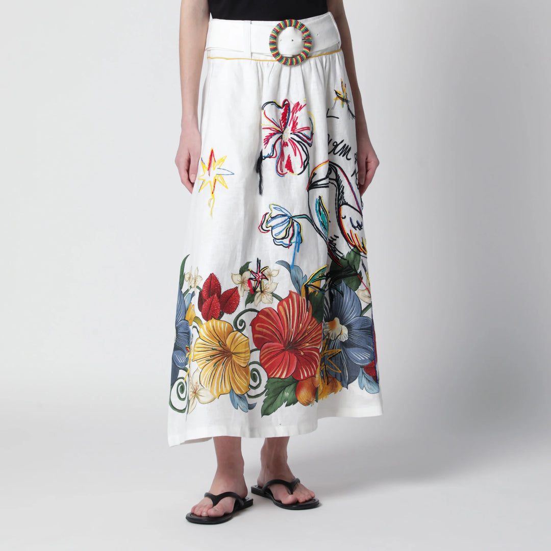 FARM Rio - White linen skirt with tropical embroidery
