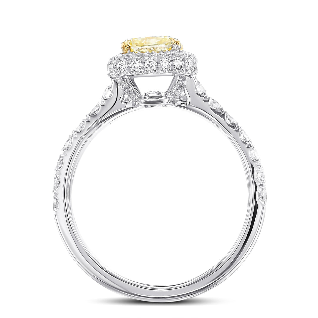 Leibish Fancy Light Yellow Cushion Halo Diamond Ring Set