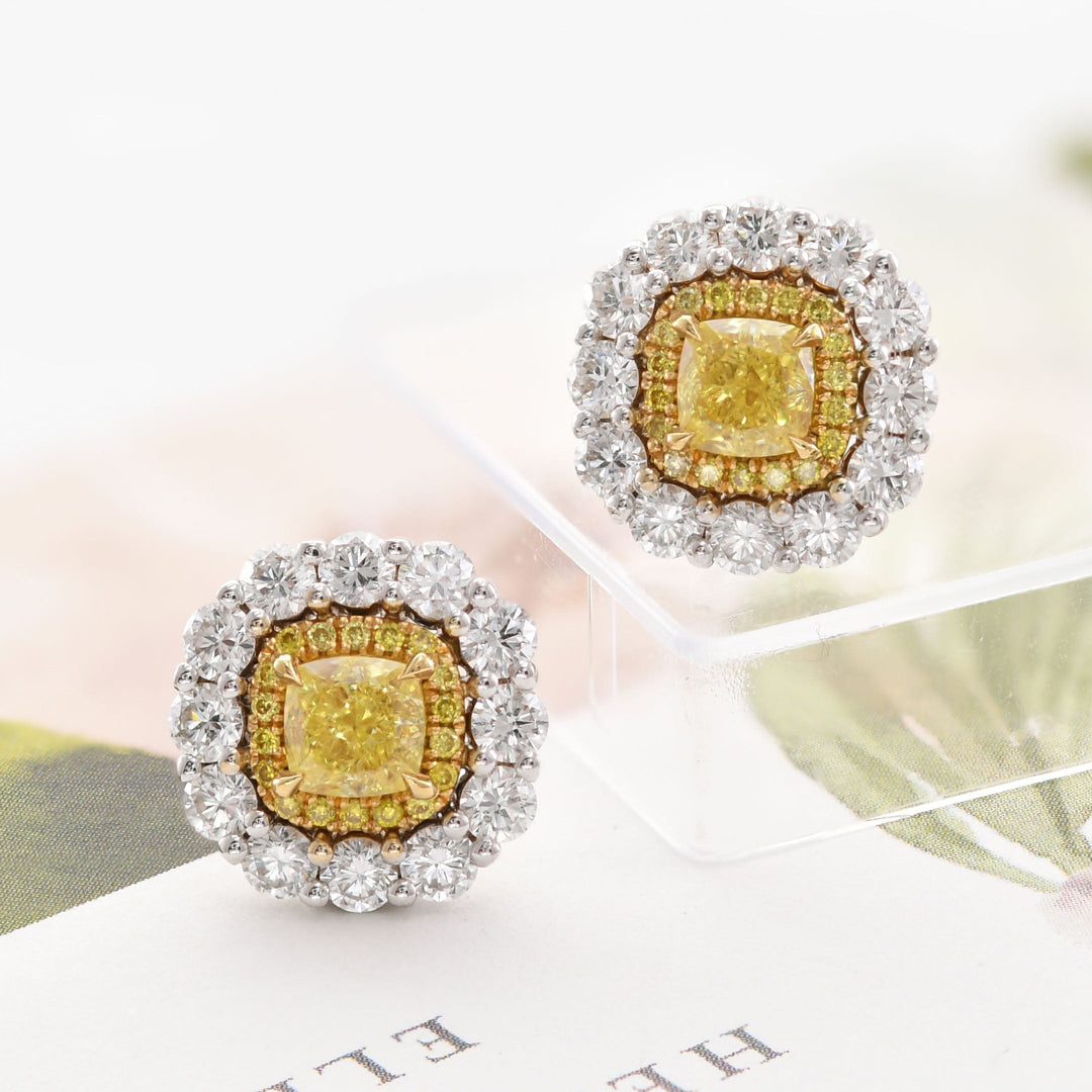 Leibish Fancy Intense Yellow Cushion Double Halo Diamond Earrings