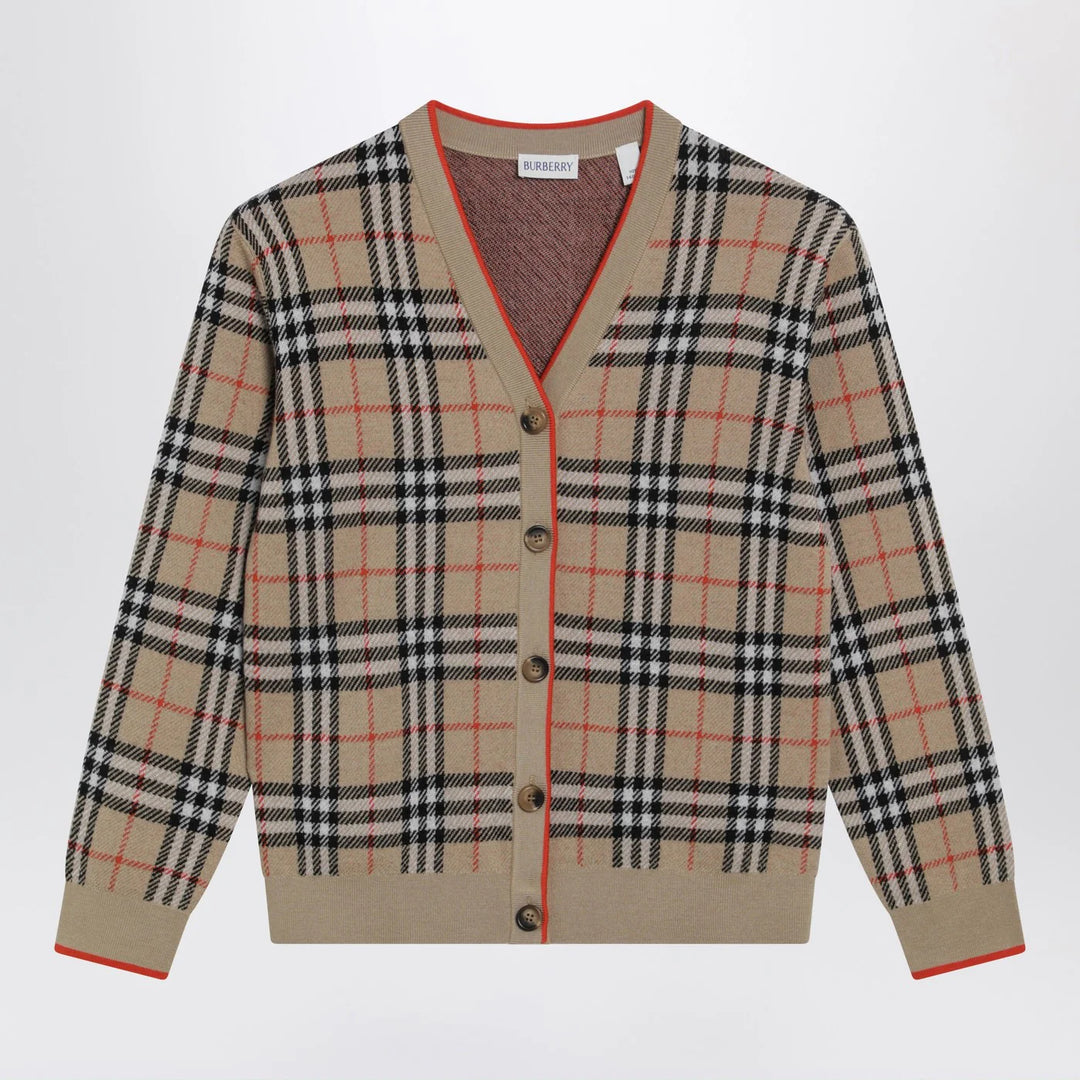 Burberry - Beige wool cardigan with Check motif