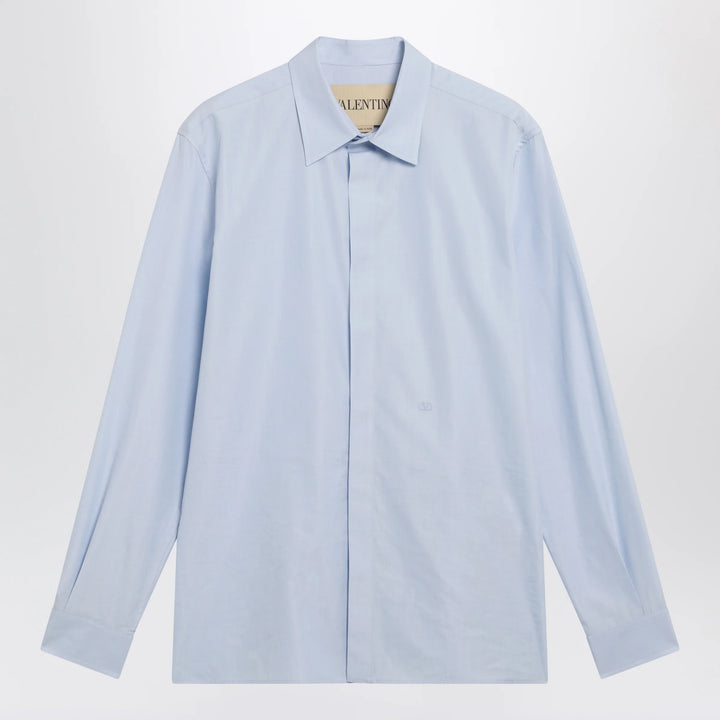 Valentino - Light blue fil-à-fil cotton shirt with VLogo embroidery