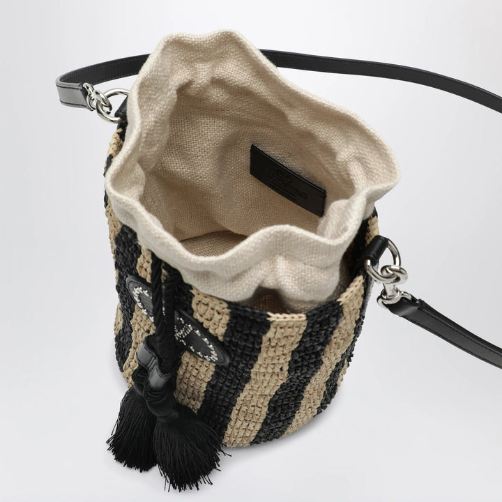 Valentino Garavani - Small bucket bag in raffia with beige and black stripes