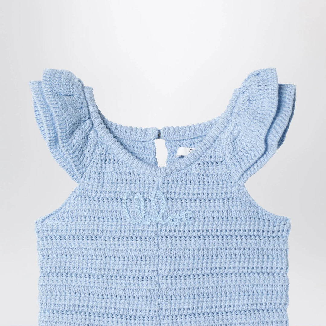 Chloé - Light blue openwork romper with logo embroidery