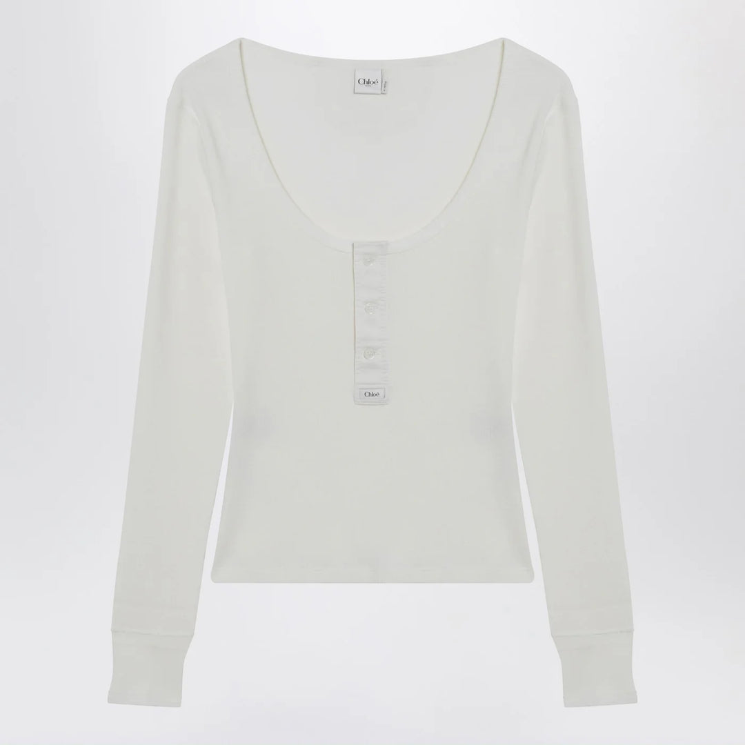Chloé - White Henley cotton jersey top
