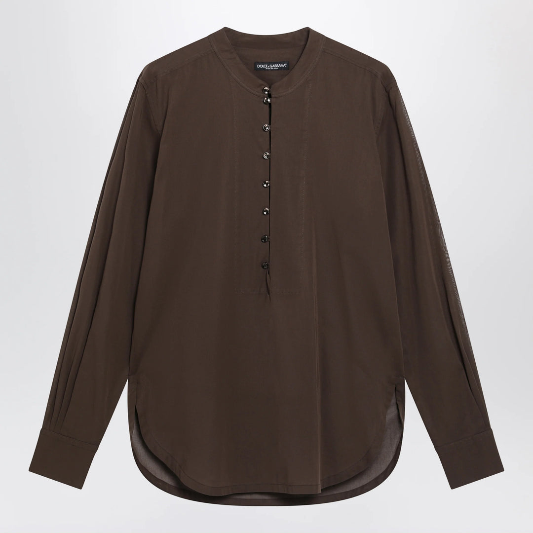 Dolce&amp;Gabbana - Brown cotton canvas mandarin-collar shirt