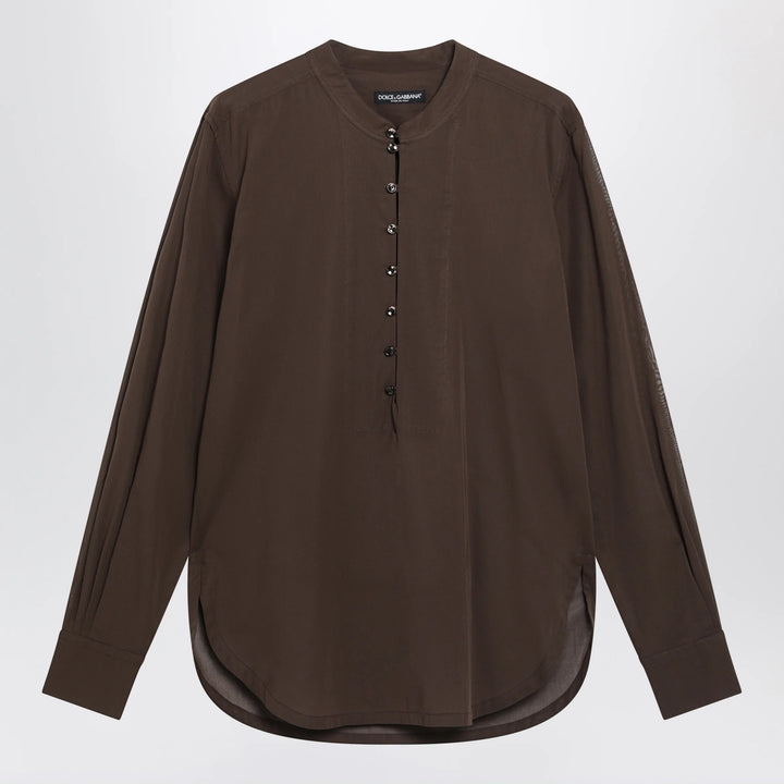Dolce&amp;Gabbana - Brown cotton canvas mandarin-collar shirt