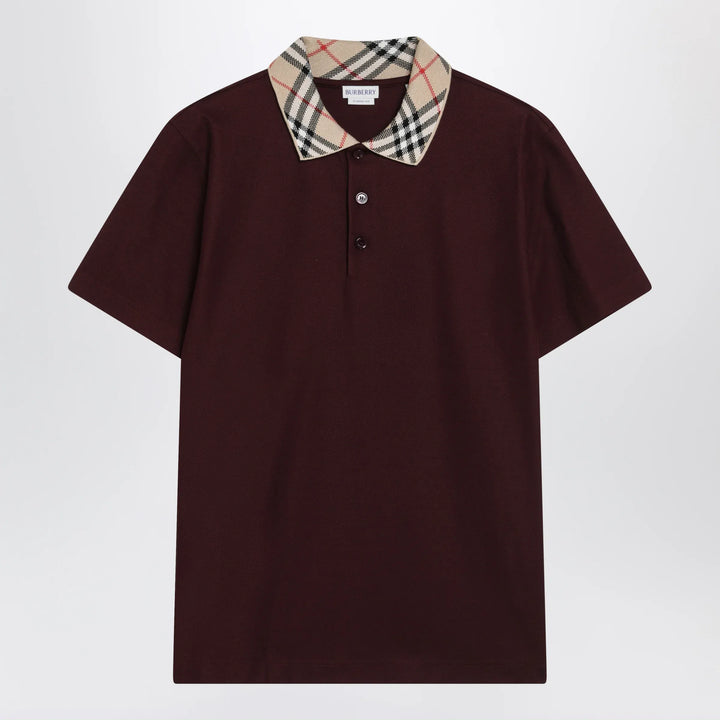 Burberry - Cotton polo shirt with Check collar in vineyard red Brand Apparel &amp; Accessories > Clothing > Shirts &amp; Tops