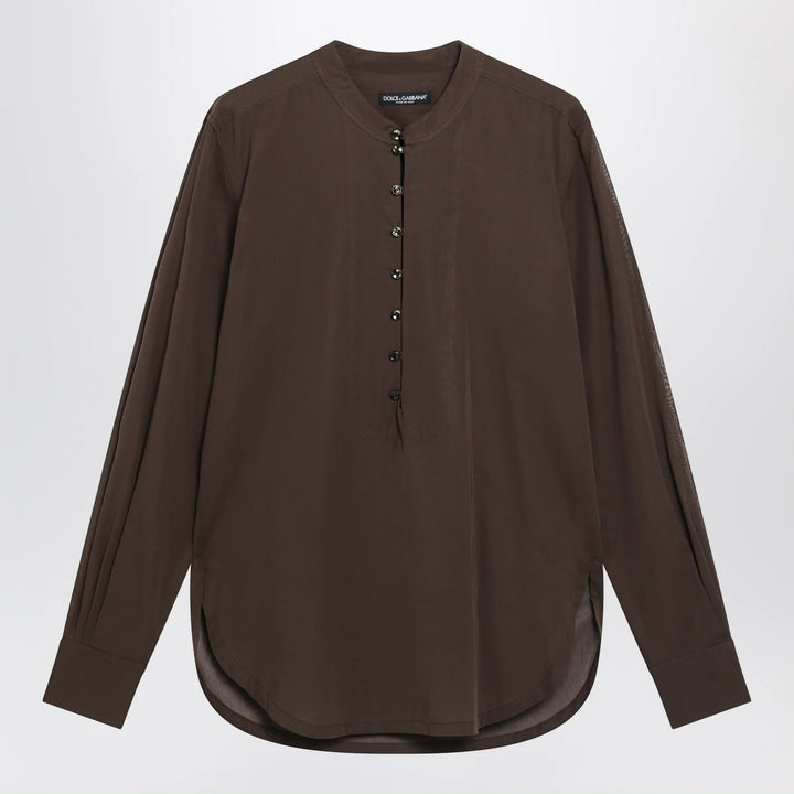 Dolce&amp;Gabbana - Brown cotton canvas mandarin-collar shirt Brand Apparel &amp; Accessories > Clothing > Shirts &amp; Tops 39
