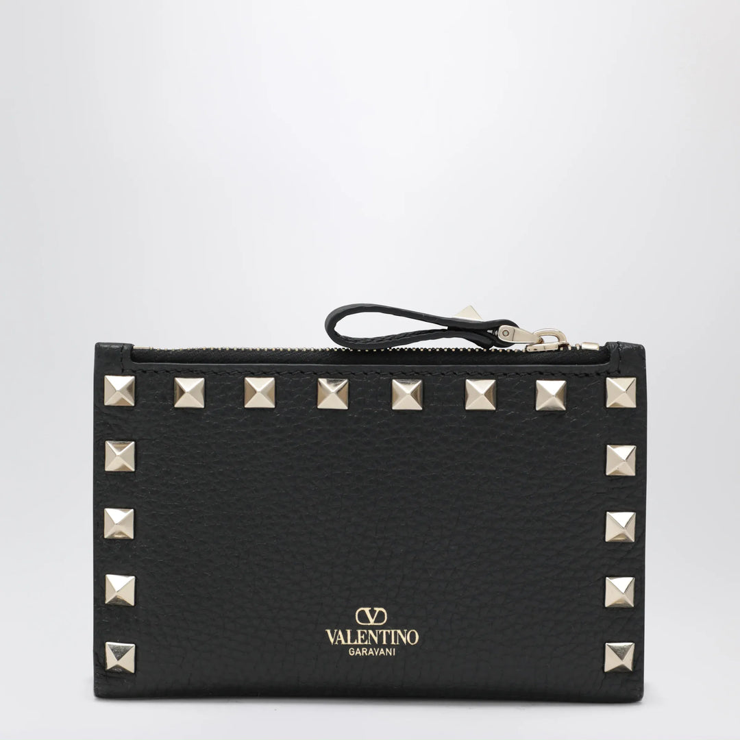 Valentino Garavani - Black Leather Rockstud Zip Card Holder Brand Apparel & Accessories U