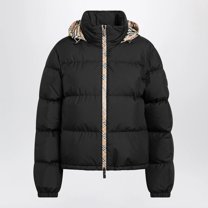 Burberry - Black Zip-Up Down Jacket with Check Detail Brand S