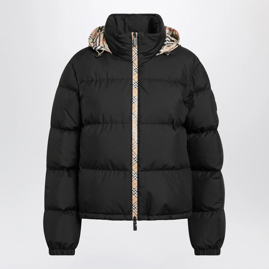 Burberry - Black Zip-Up Down Jacket with Check Detail Brand Coats &amp; Jackets S
