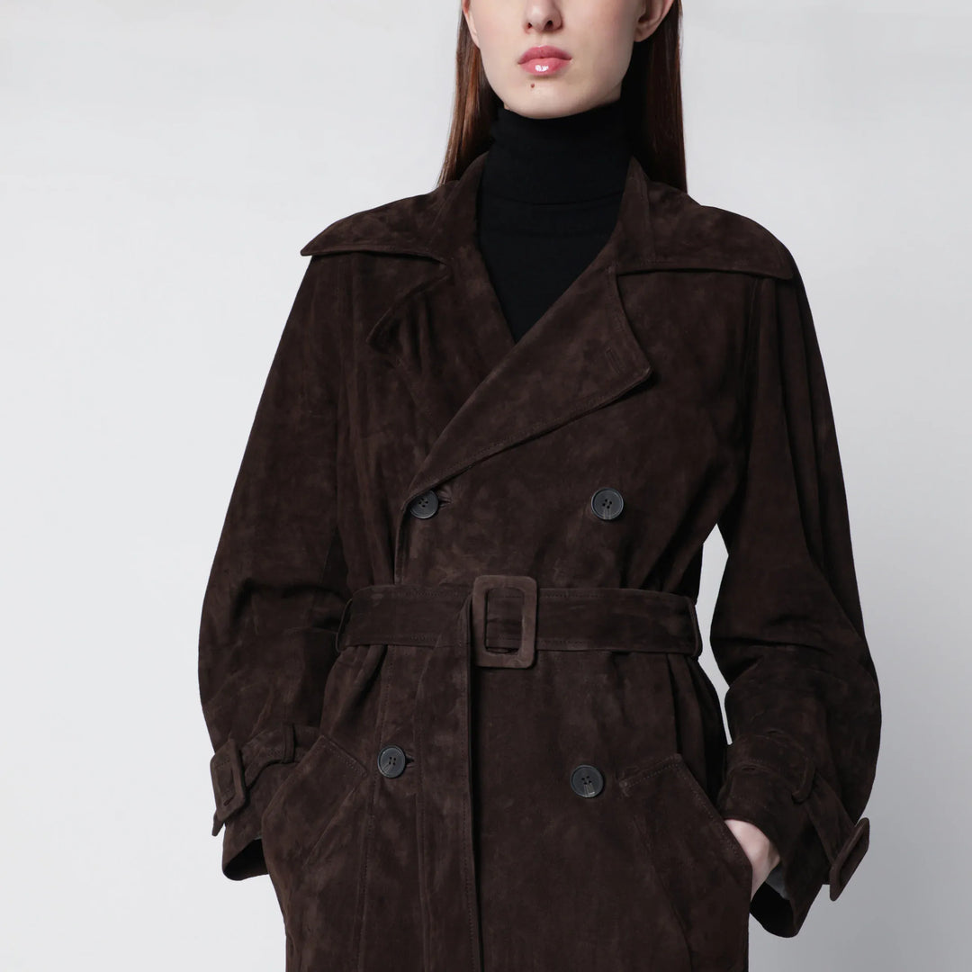 Sword 6644 - Brown double-breasted suede trench coat Brand Coats &amp; Jackets
