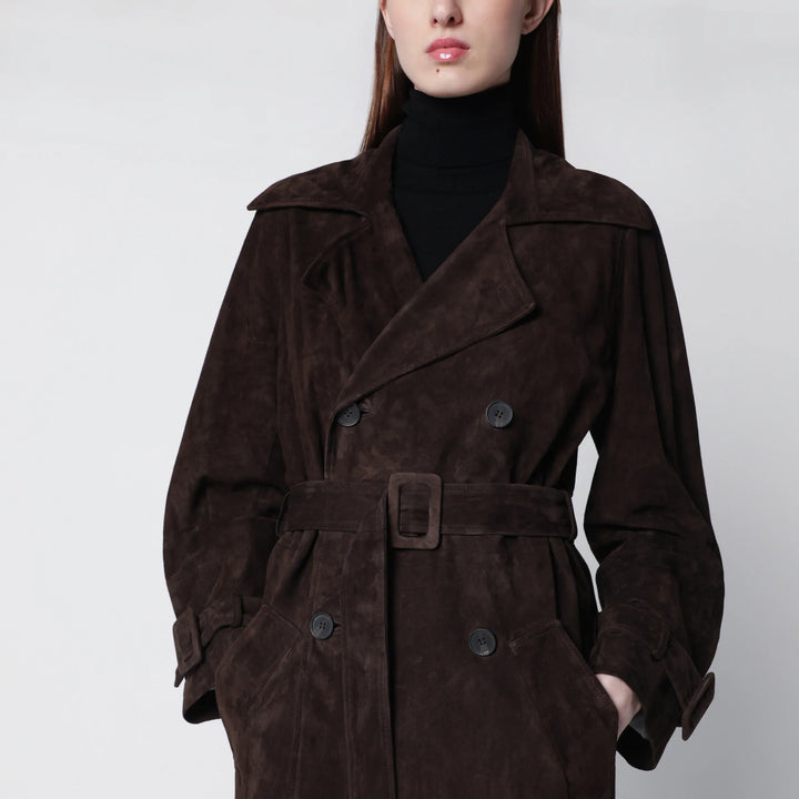 Sword 6644 - Brown double-breasted suede trench coat Brand Coats &amp; Jackets