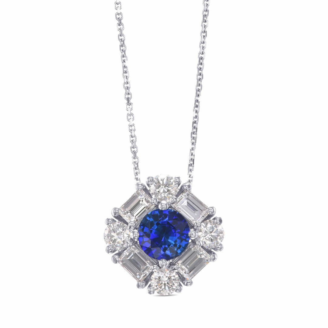 LEIBISH 0.66ct Round Blue Sapphire &amp; Baguette Diamond Pendant Brand Necklace
