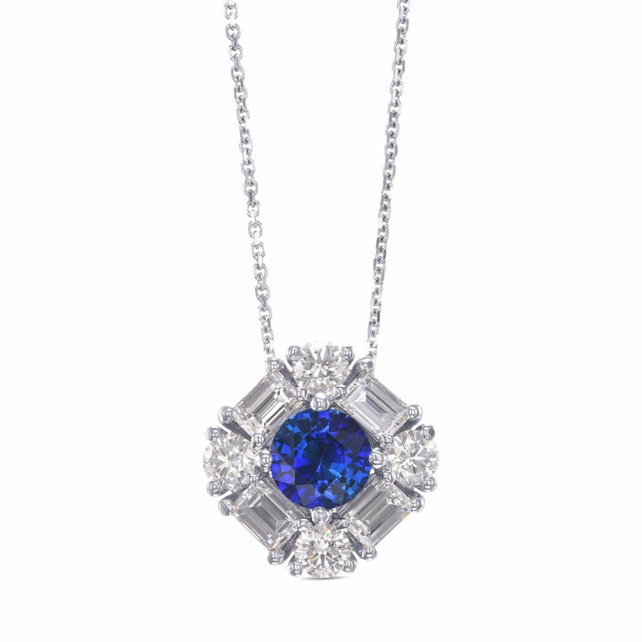 LEIBISH 0.66ct Round Blue Sapphire &amp; Baguette Diamond Pendant Brand Necklace