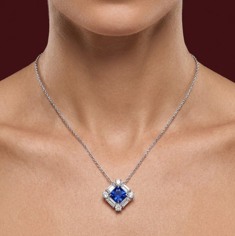 LEIBISH 0.92ct Cushion Blue Sapphire & Baguette Diamond Pendant Brand Necklace