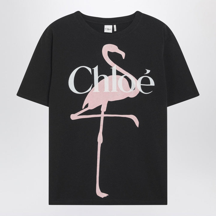 Shirts &amp; Tops Black baby-fit T-shirt with logo and flamingo print Brand