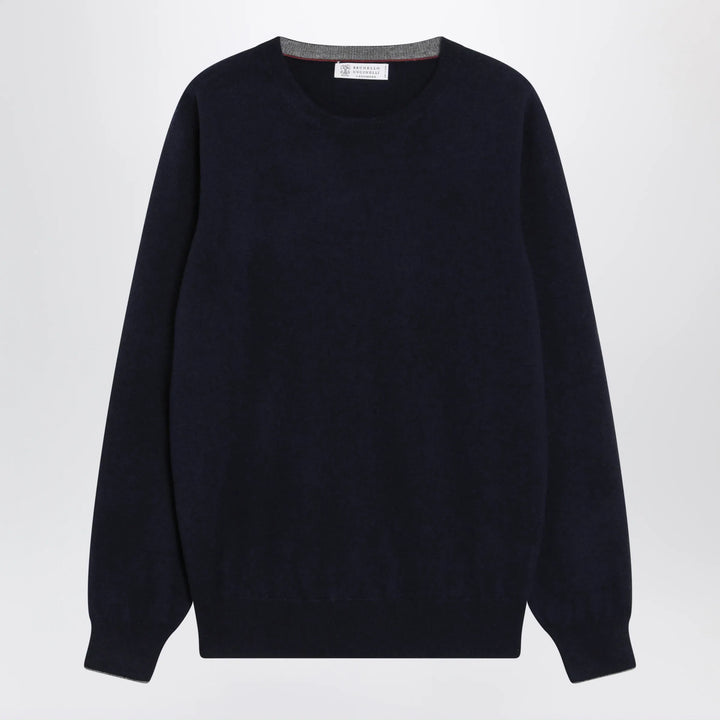 Brunello Cucinelli - Navy blue cashmere crewneck sweater with contrast trim Brand Shirts &amp; Tops 48 IT