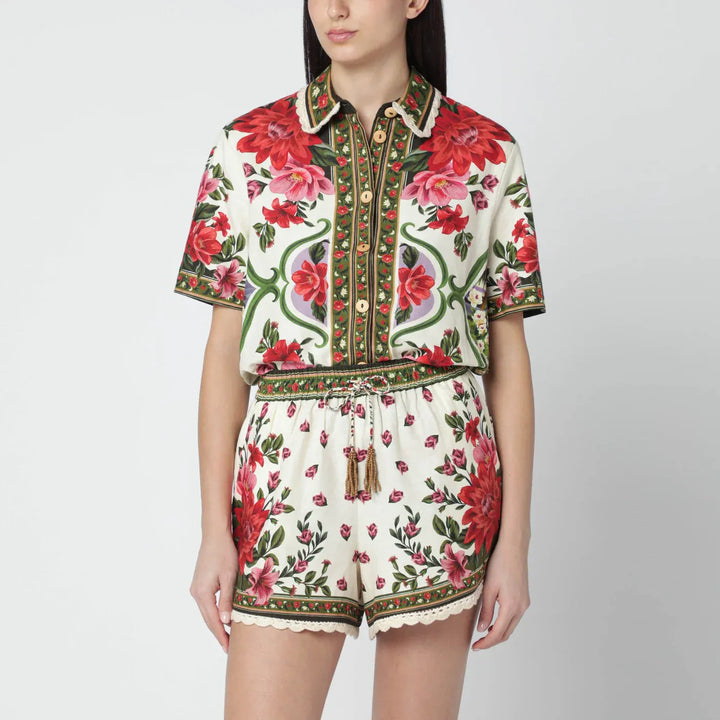 FARM Rio - Linen-blend shirt with floral print Brand Shirts &amp; Tops S