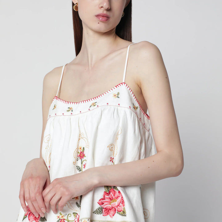 FARM Rio - Linen-blend top with floral embroidery Brand Shirts &amp; Tops