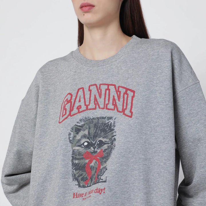 GANNI - Grey Kitty sweatshirt with logo print Brand Shirts &amp; Tops
