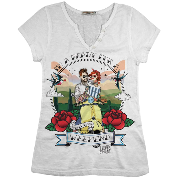 Vintabros T-shirt S / White Vintabros Weekend on Vespa Cotton Women T-shirt V Neck Brand