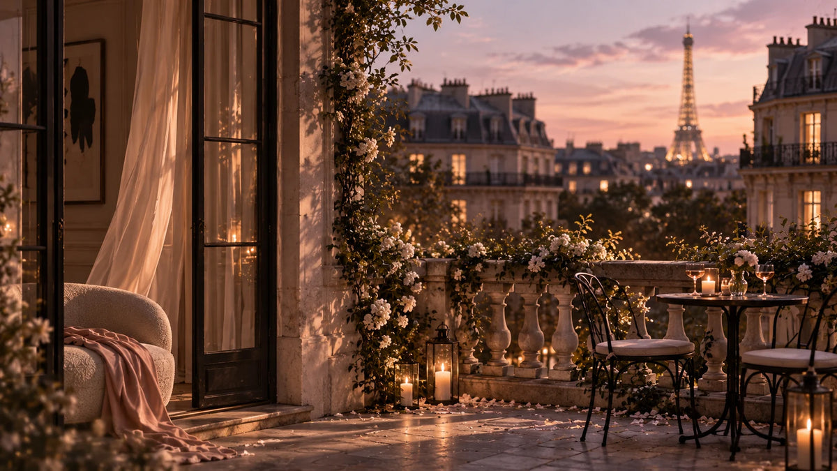 Italian Luxury Group independent fragrance editorial: soft blush Paris terrace with pale flowers and warm ambient light, no brand campaign imagery
